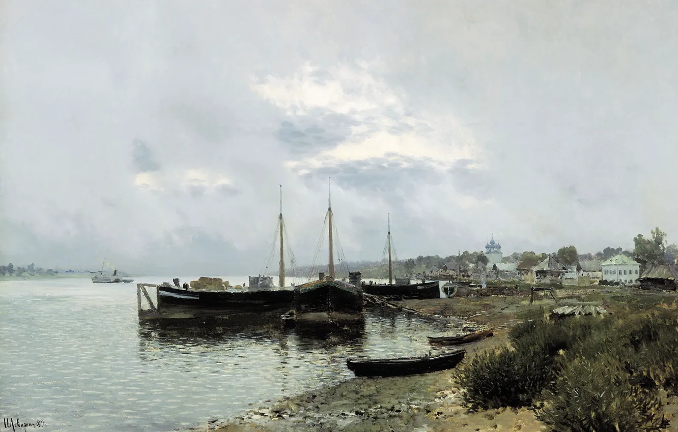 Фото обои река, масло, лодки, холст, кусты, 1889, После дождя, Исаак ЛЕВИТАН