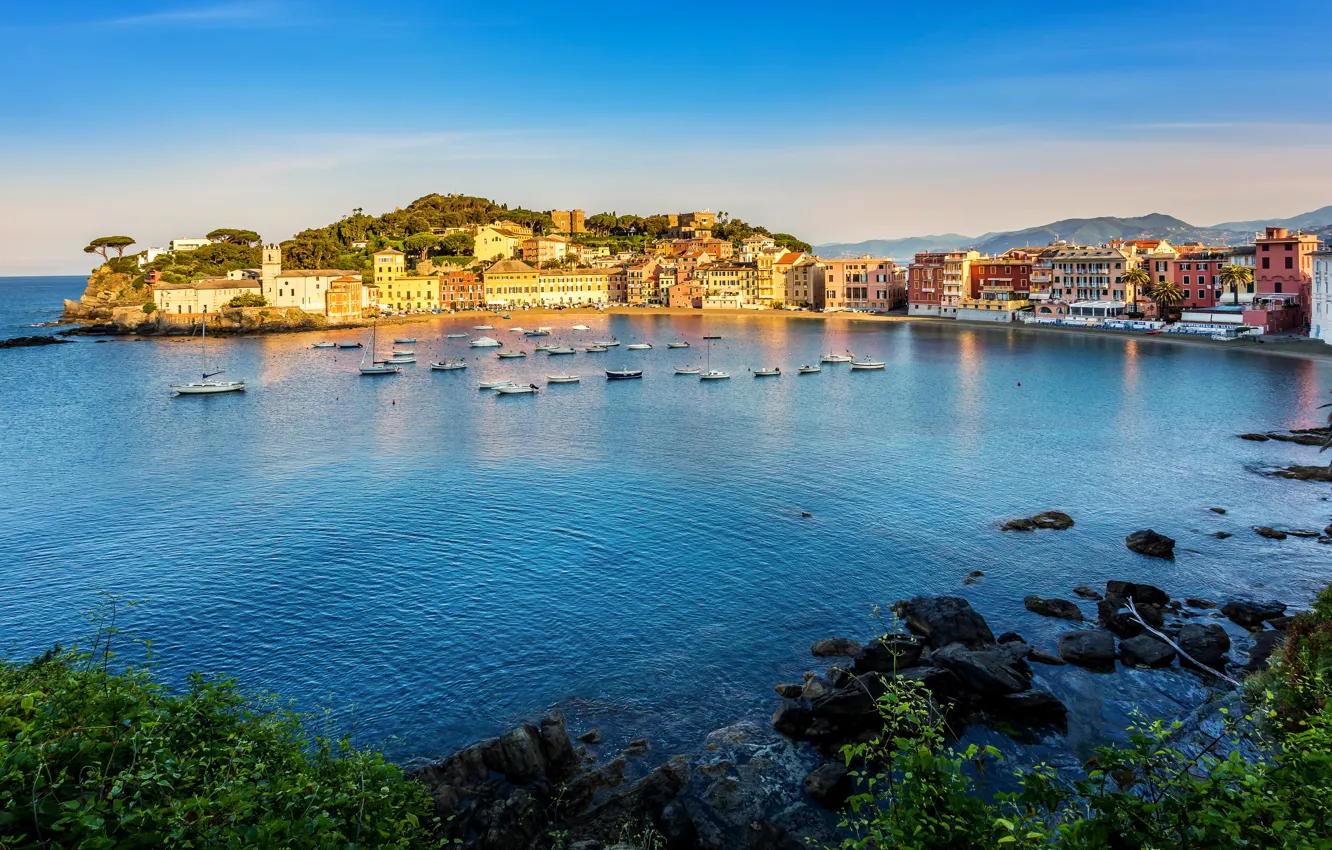 Фото обои побережье, дома, лодки, Италия, Sestri Levante Liguria