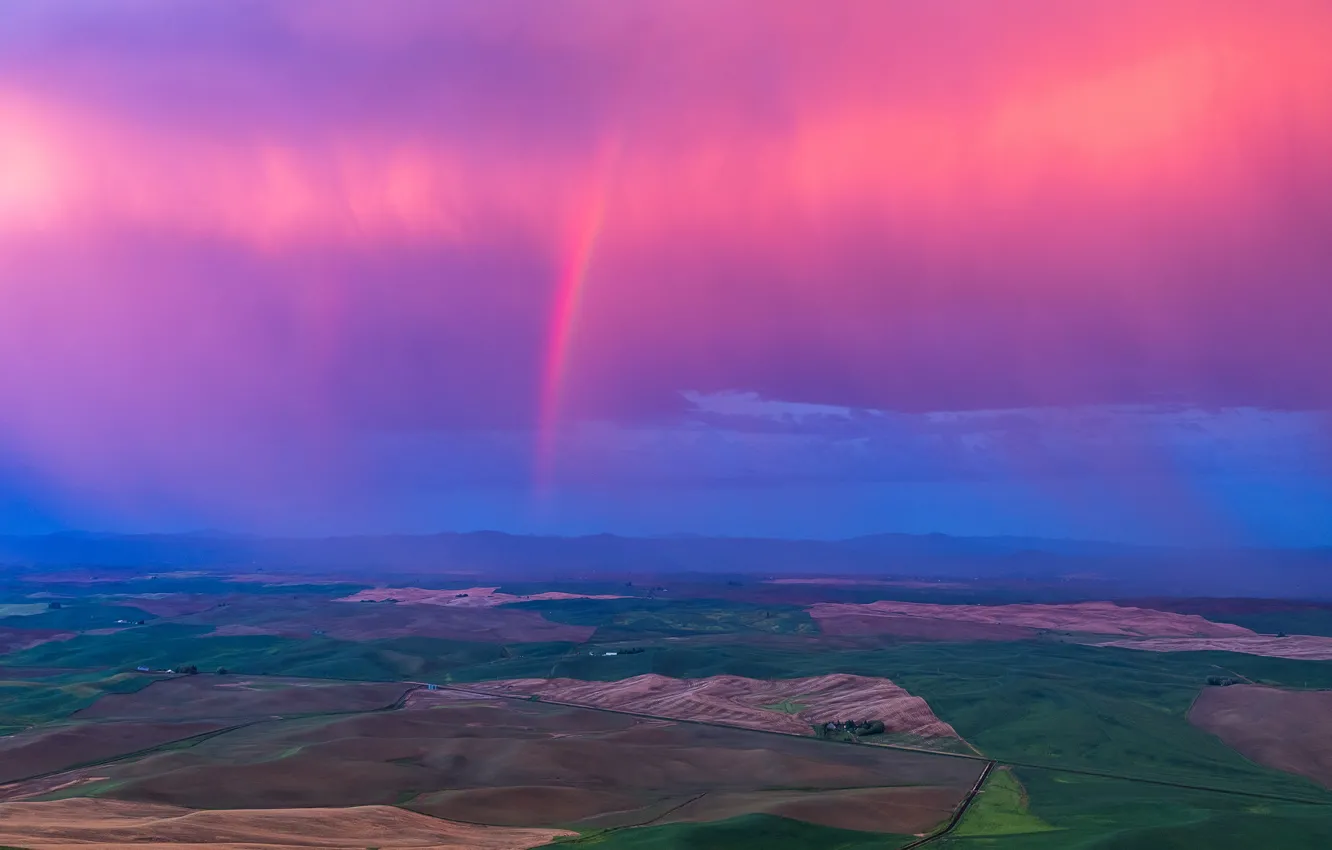 Фото обои облака, холмы, поля, радуга, горизонт, США, штат Вашингтон