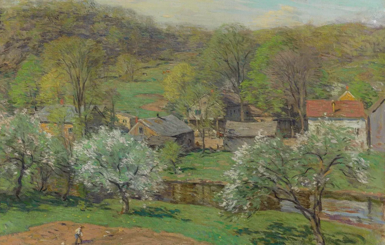Фото обои пейзаж, картина, 1920, Деревня Поздней Весной, Уиллард Меткалф, Willard Leroy Metcalf