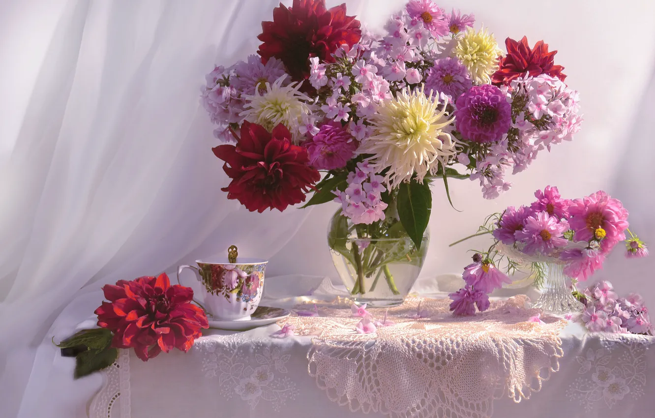 Фото обои цветы, стол, чашка, ваза, занавеска, салфетка, вазочка, космея