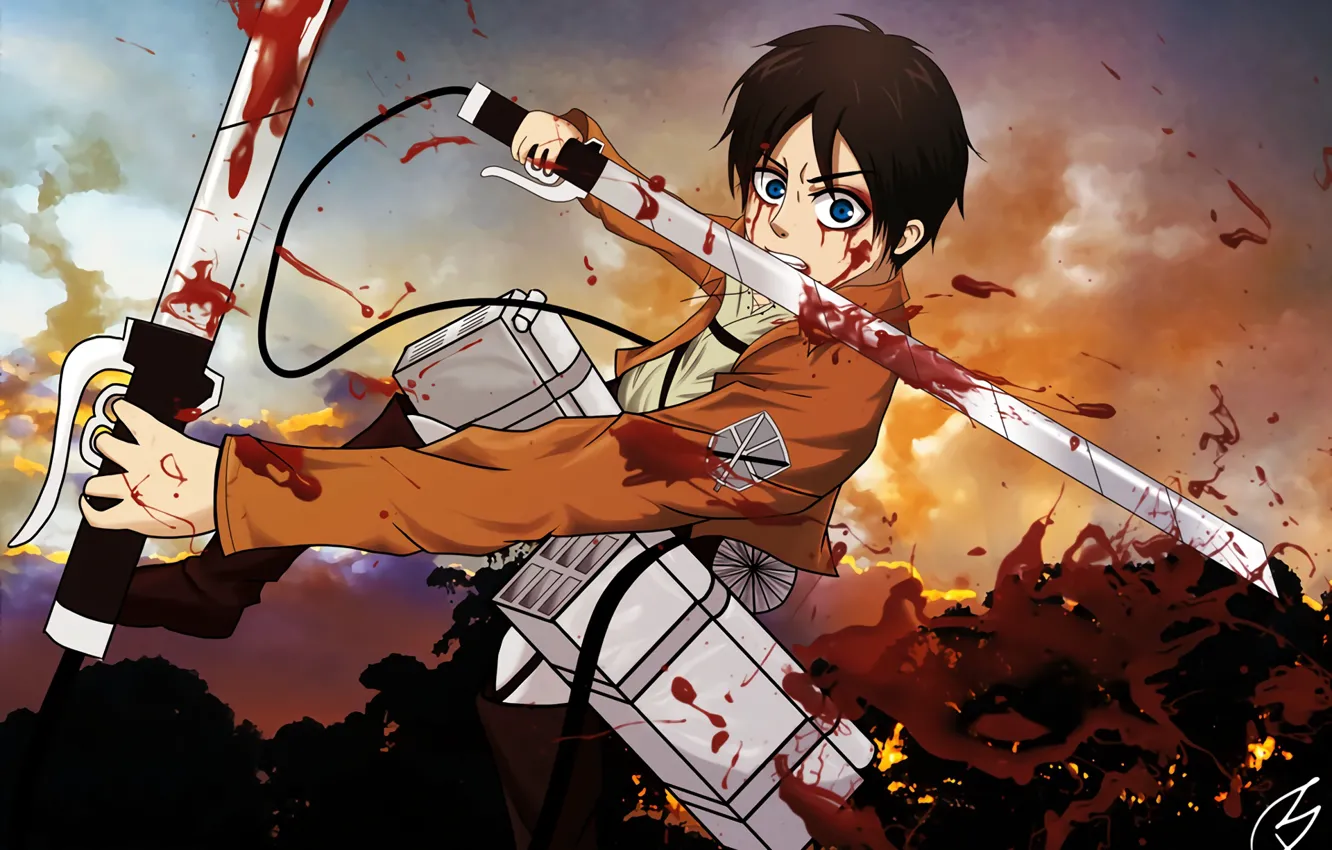 Фото обои оружие, кровь, Закат, аниме, арт, парень, Shingeki no Kyojin, Эрен Йегер
