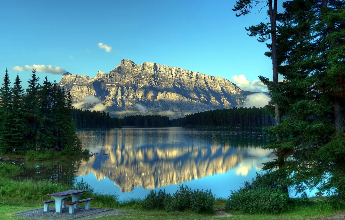 Фото обои пейзаж, горы, озеро, скамья