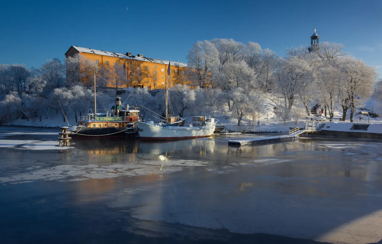 Фото обои зима, вода, снег, дом, корабль