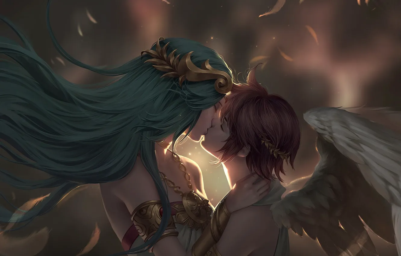 Фото обои крылья, поцелуй, ангел, фэнтези, арт, пара, Pit, Chuby Mi