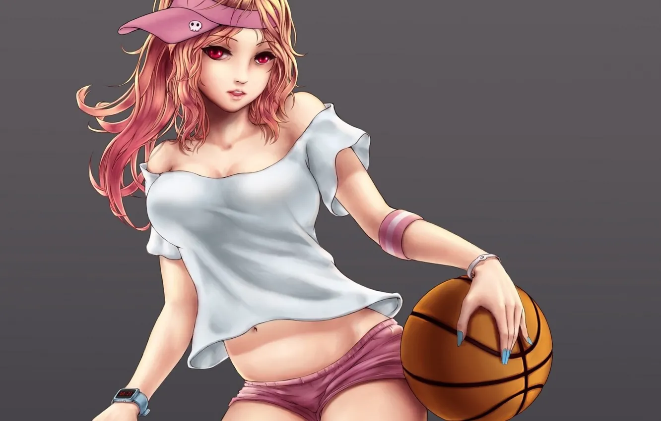 Фото обои девочка, шортики, браслет, спортсменка, серый фон, красные глаза, розовые волосы, баскетбольный мяч