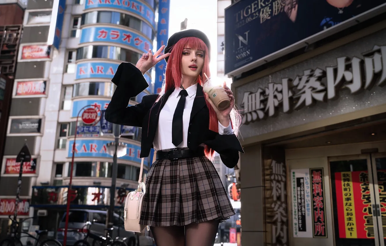Фото обои девушка, city, anime, model, street, redhead, cosplay, coffee