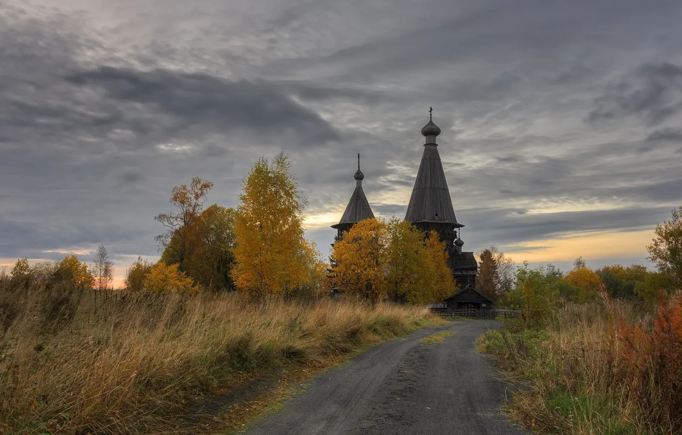 Фото обои осень, вечер, деревня, церковь, Ленинградская область, Гимрека