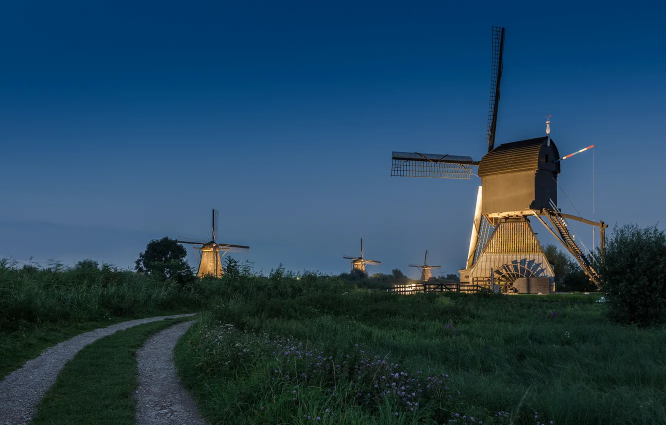 Фото обои дорога, небо, вечер, Нидерланды, ветряная мельница