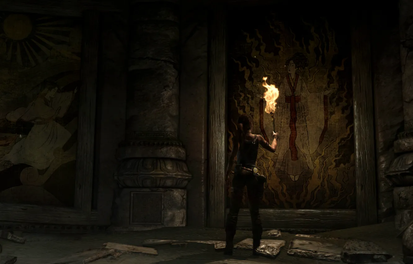 Фото обои факел, Tomb Raider, руины, Lara Croft, фрески, Проклятое место