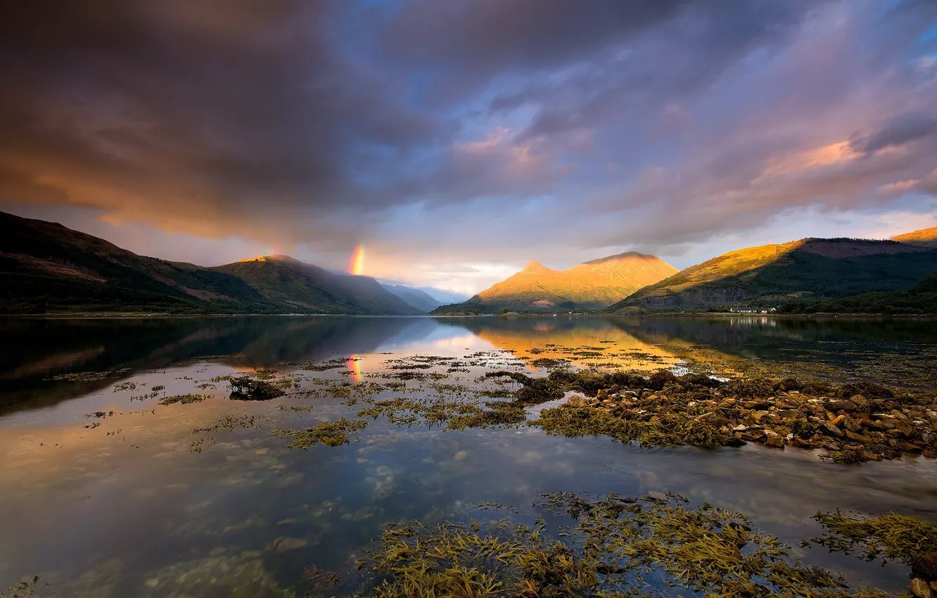 Фото обои облака, горы, тучи, радуга, Шотландия, озеро лох-Левен