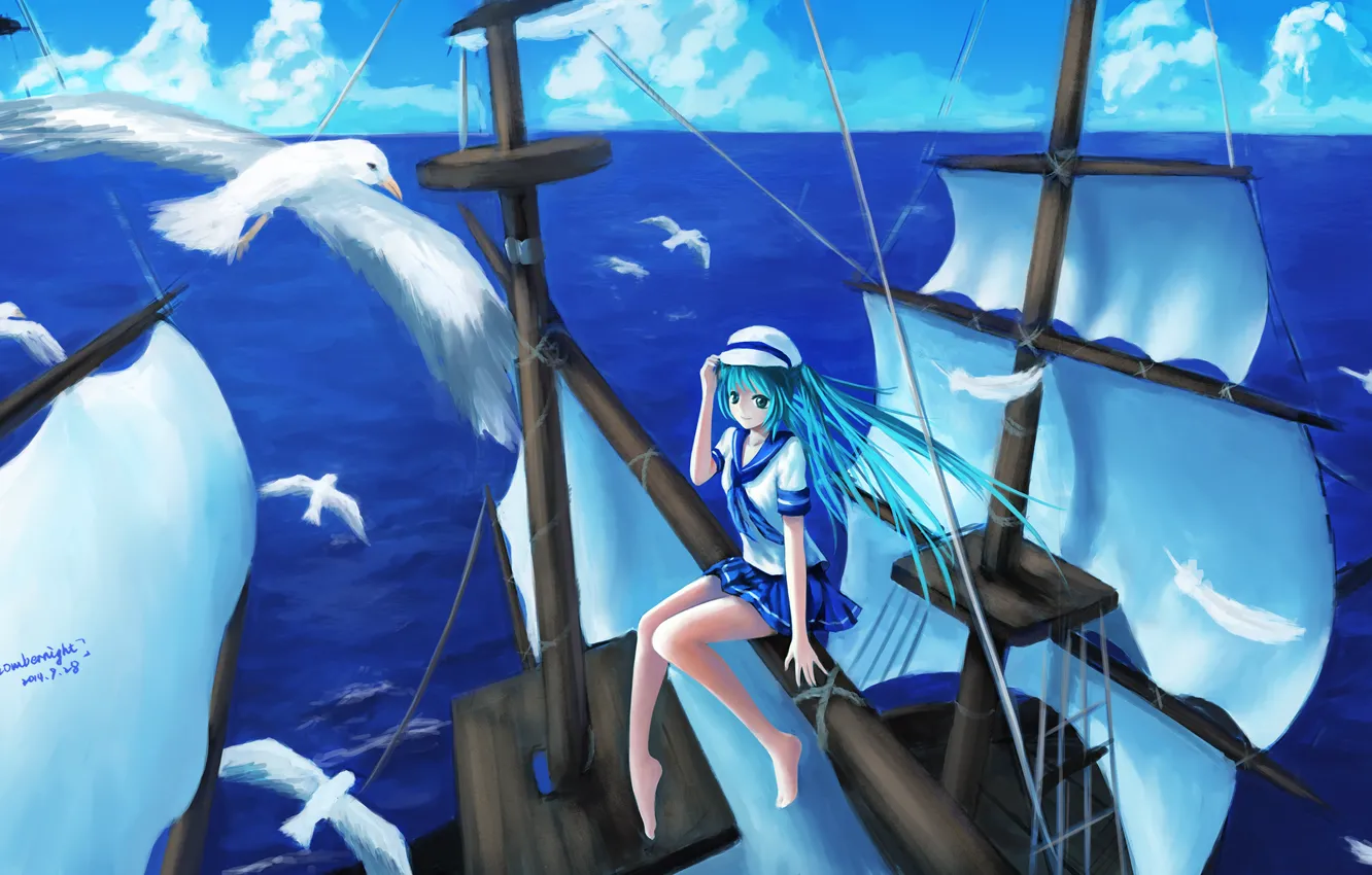 Фото обои небо, девушка, облака, океан, корабль, высота, чайки, аниме