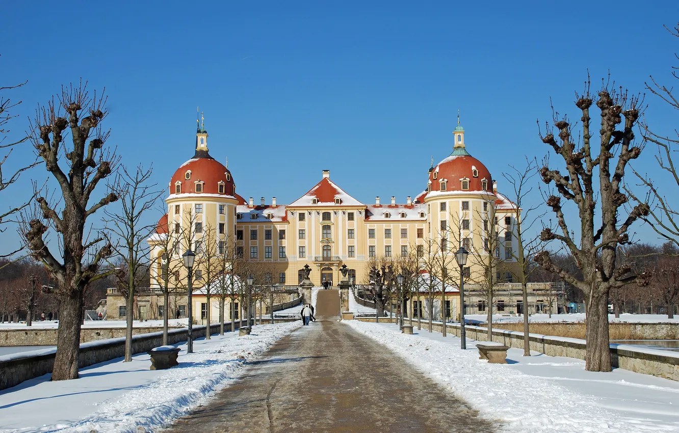 Фото обои зима, небо, снег, замок, Германия, Морицбург