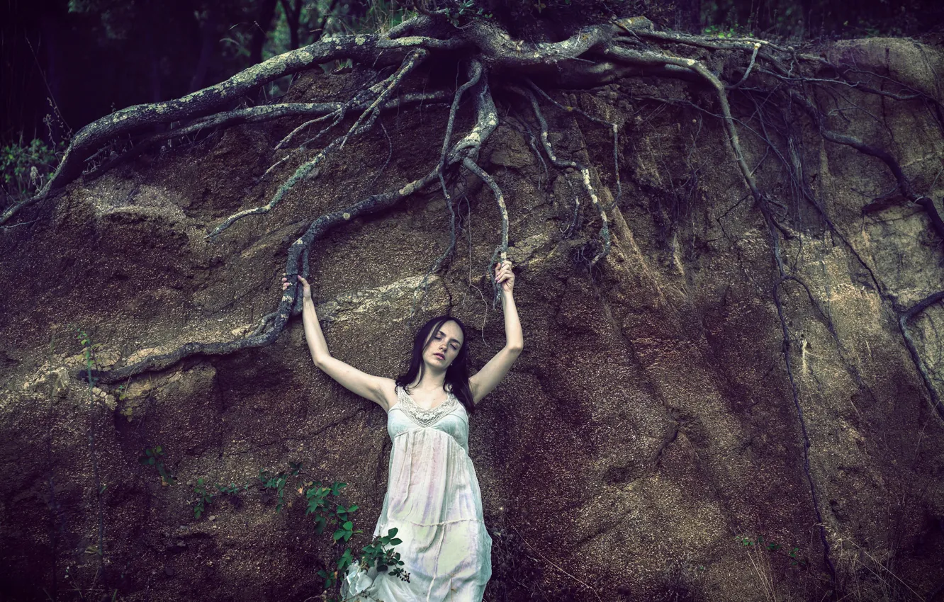 Фото обои девушка, корни, дерево, земля