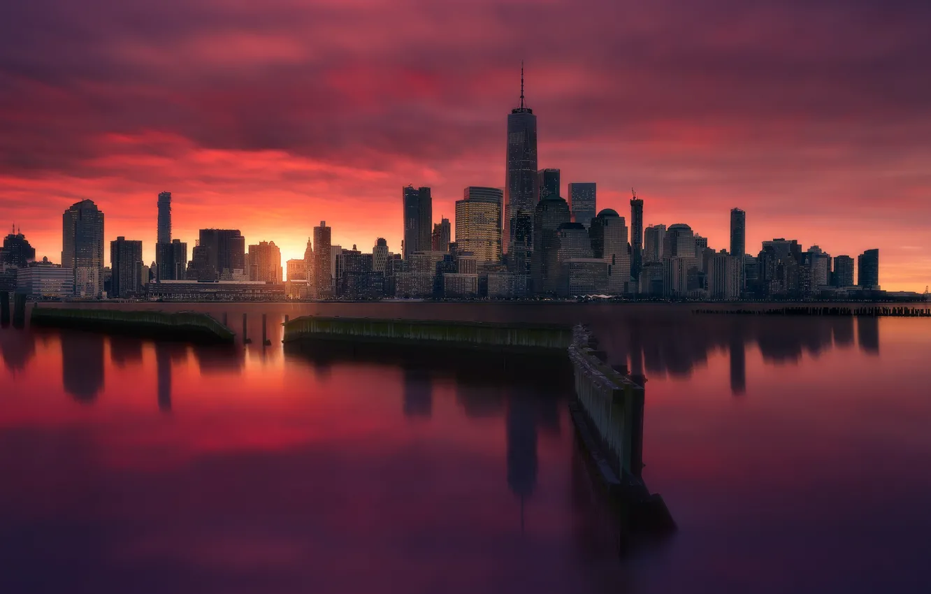 Фото обои свет, город, здания, утро, США, Нью Йорк