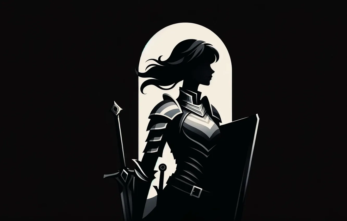 Фото обои girl, sword, fantasy, armor, minimalism, digital art, artwork, shield