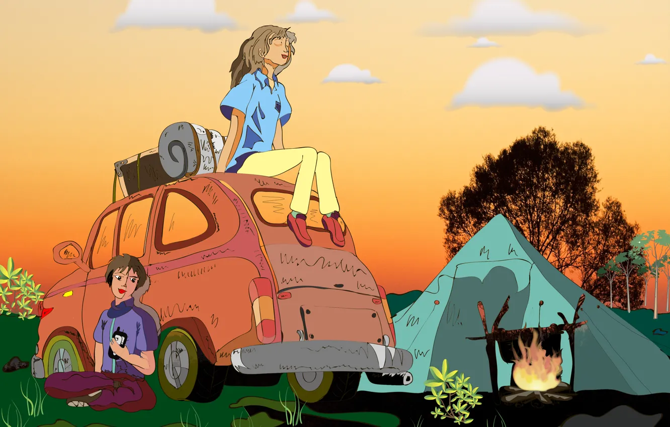 Фото обои машина, девушка, закат, природа, фото, дерево, огонь, отдых