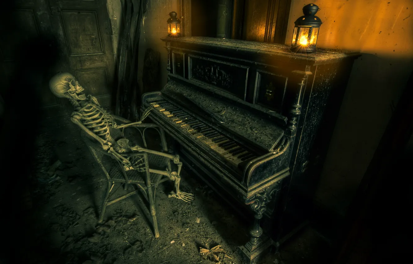 Фото обои музыка, скелет, пианино