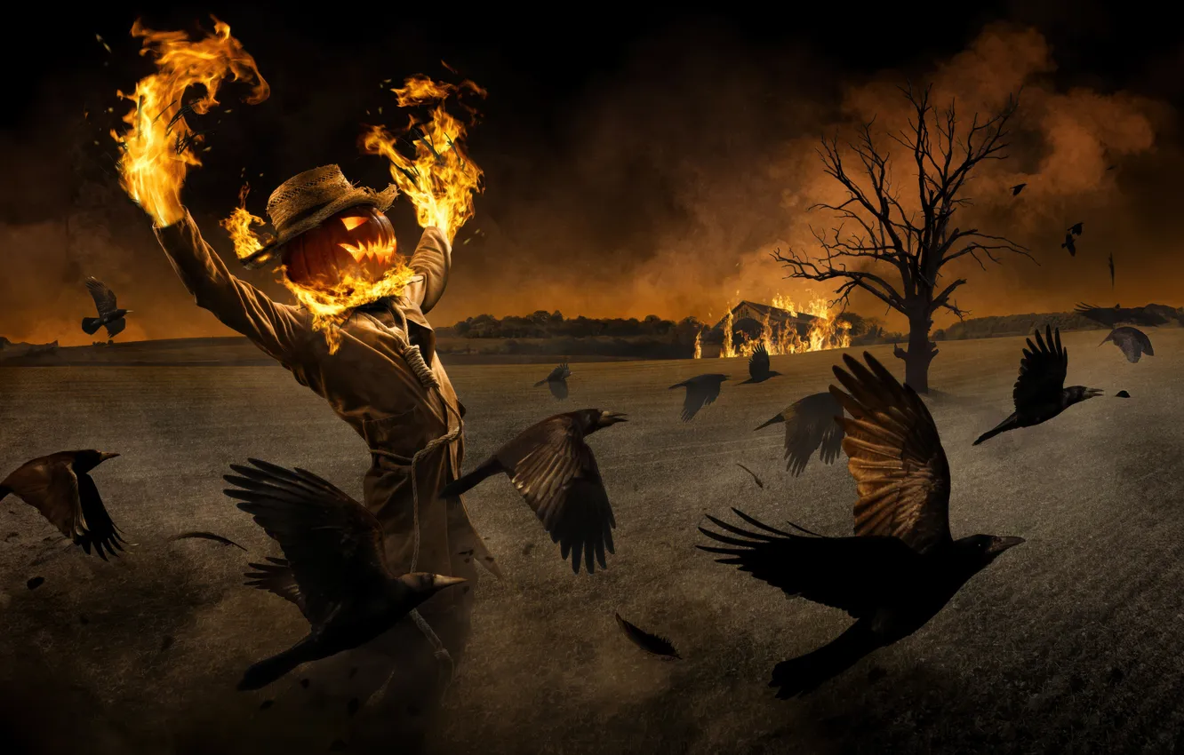 Фото обои Halloween, Fire, Horror, Gothic, Scarecrow, Burning, Scary, Spooky