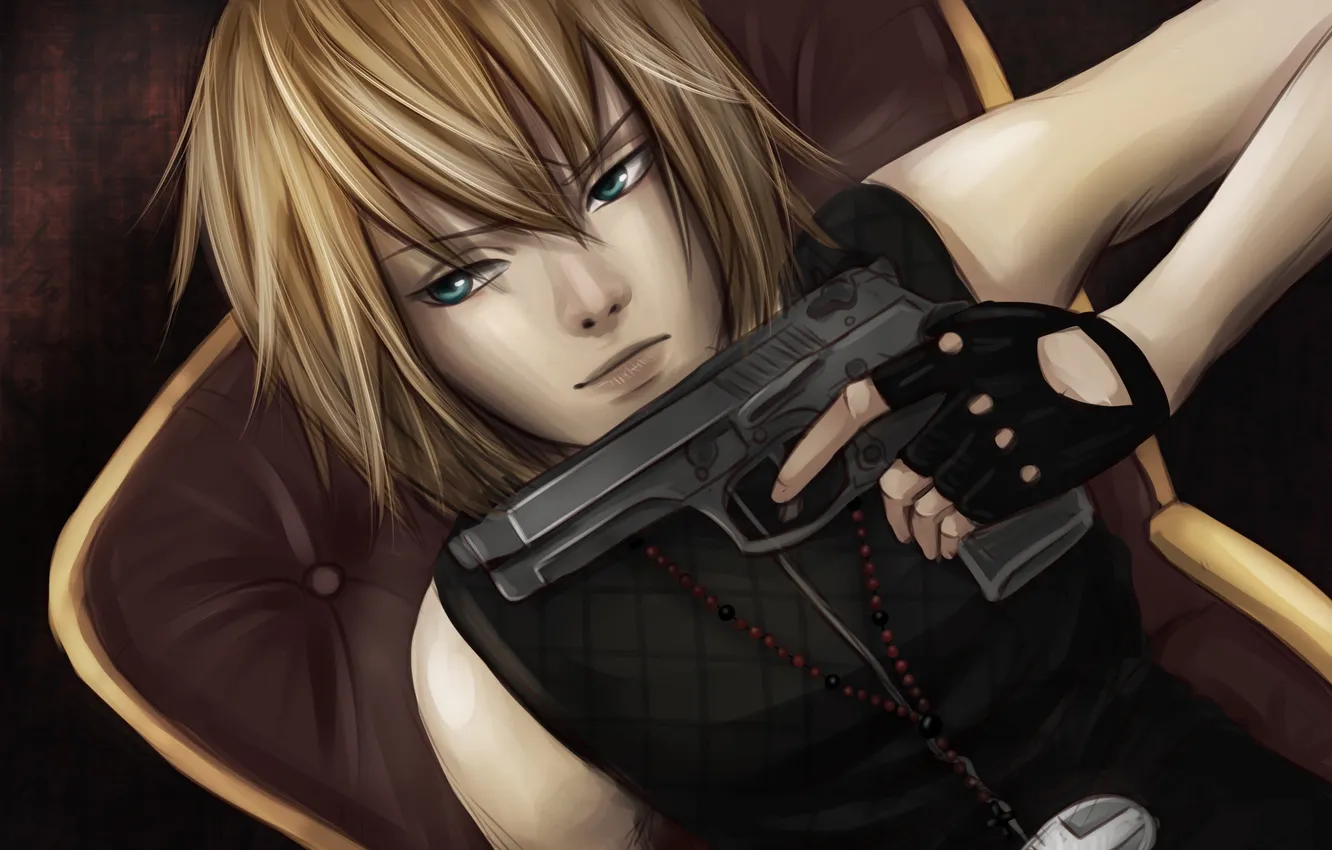 Фото обои пистолет, оружие, кресло, арт, парень, Death Note, Mello, pollypwnz