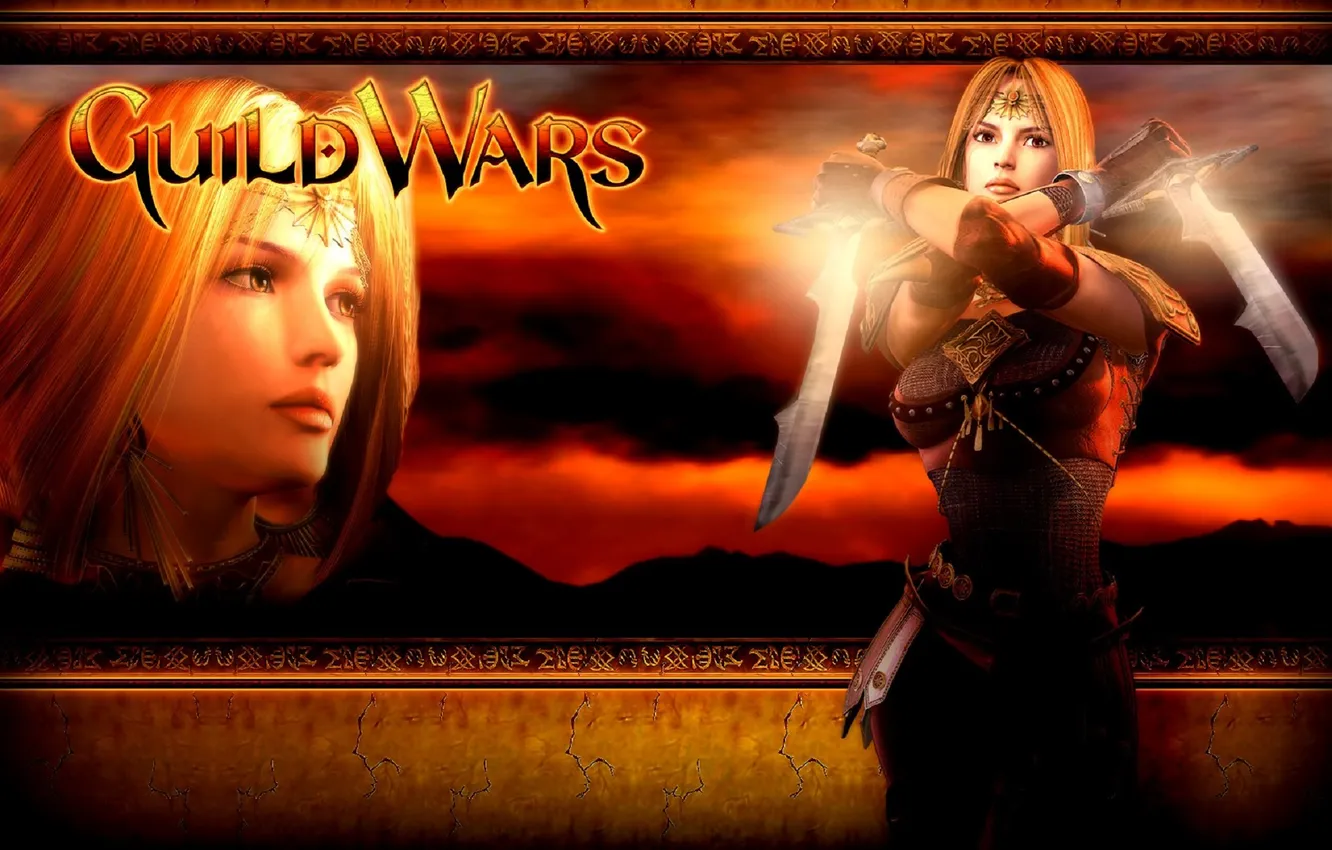 Фото обои девушка, закат, лицо, оружие, блондинка, Guild Wars