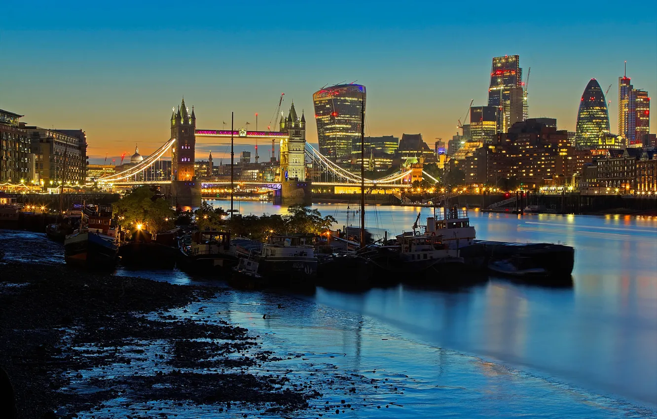 Фото обои огни, река, Англия, Лондон, дома, Темза, Тауэрский мост