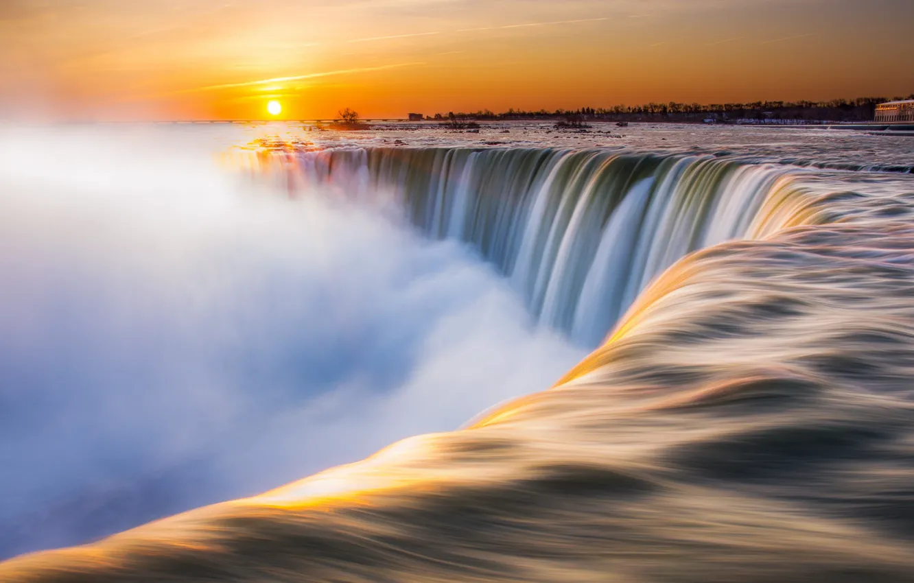 Фото обои зима, солнце, река, утро, Ниагара, Канада, Ниагарский водопад, Canada