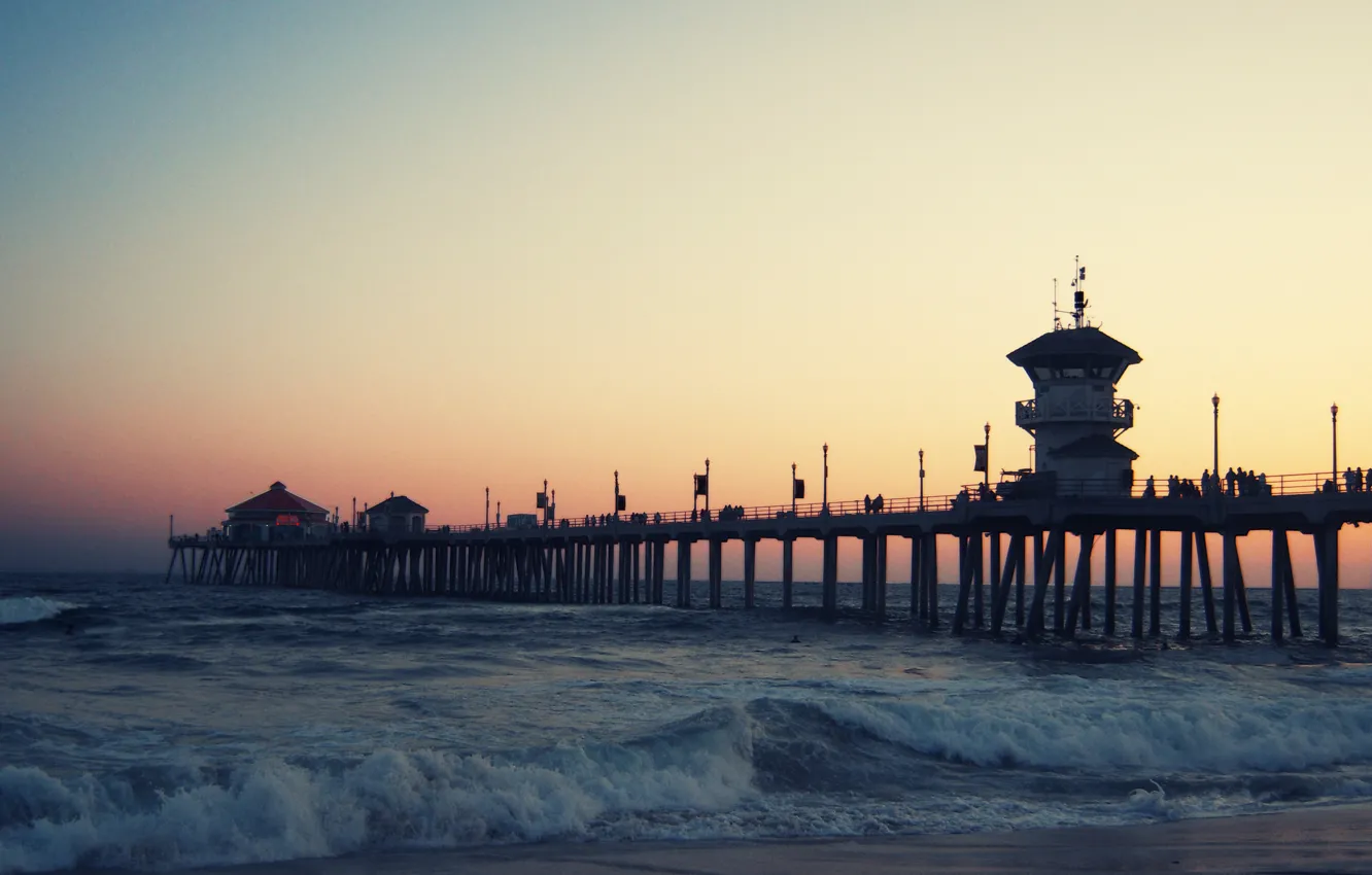 Фото обои море, волны, закат, пирс