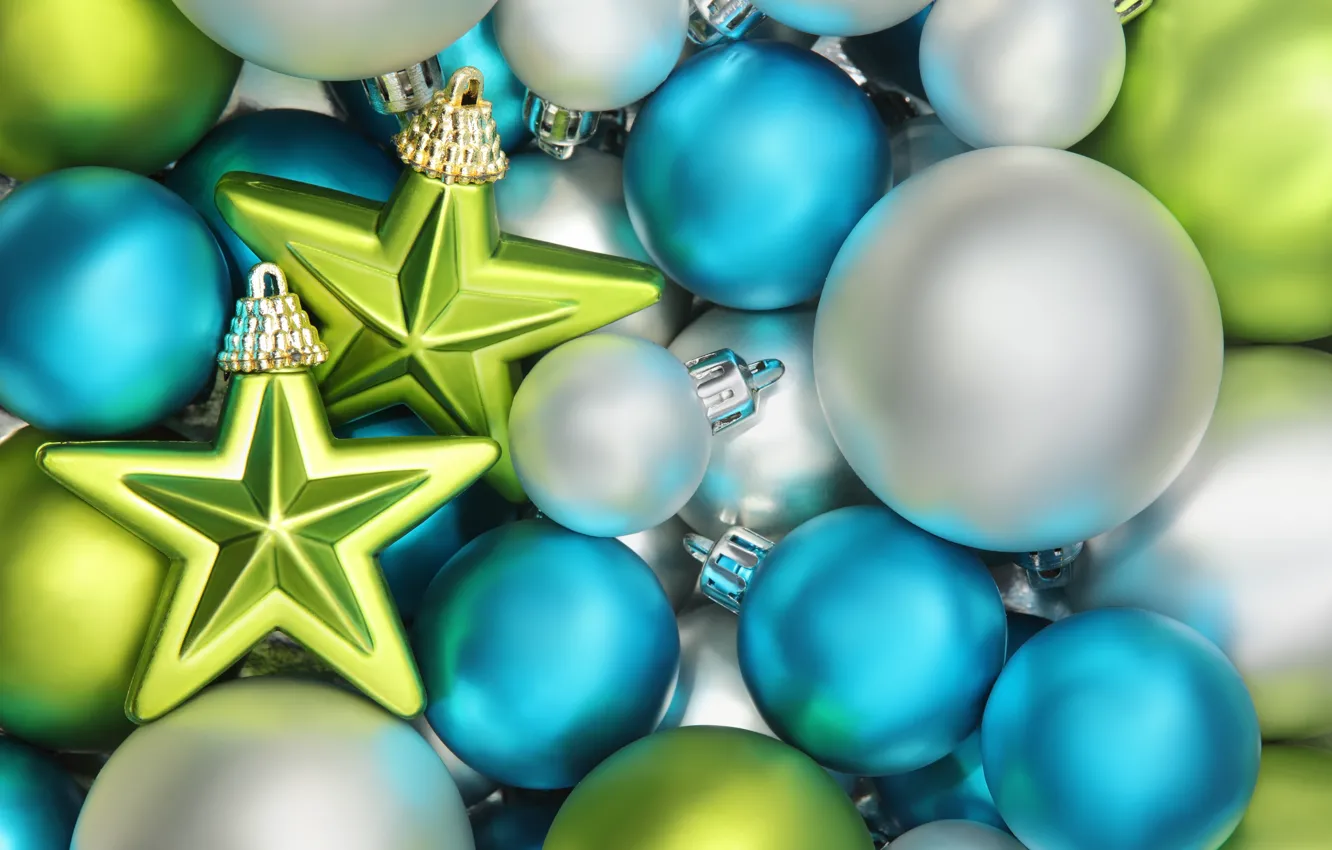 Фото обои зима, звезды, шарики, шары, игрушки, Новый Год, голубые, зеленые