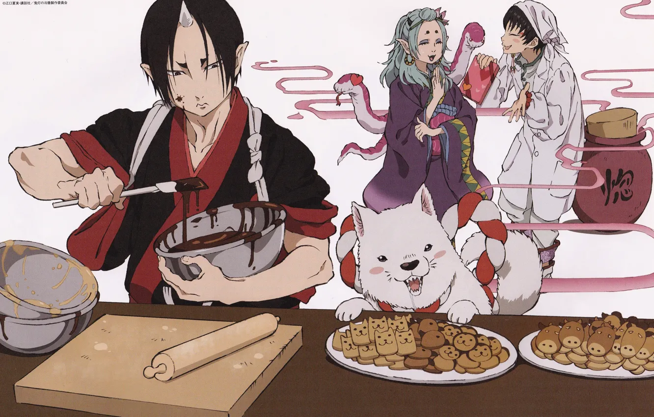Фото обои змеи, радость, шоколад, собака, печенье, демон, кимоно, готовка