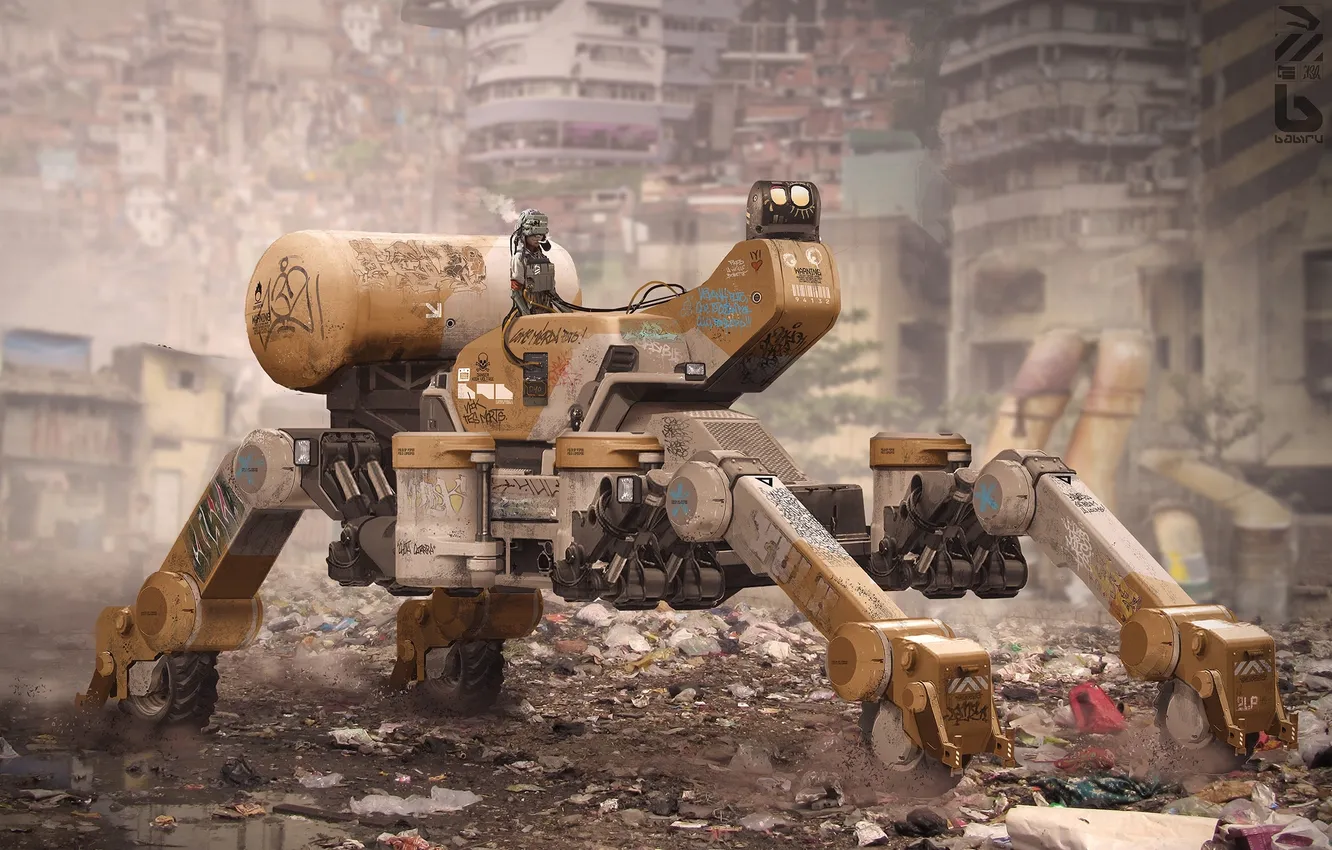 Фото обои фантастика, мусор, робот, руины, трущобы
