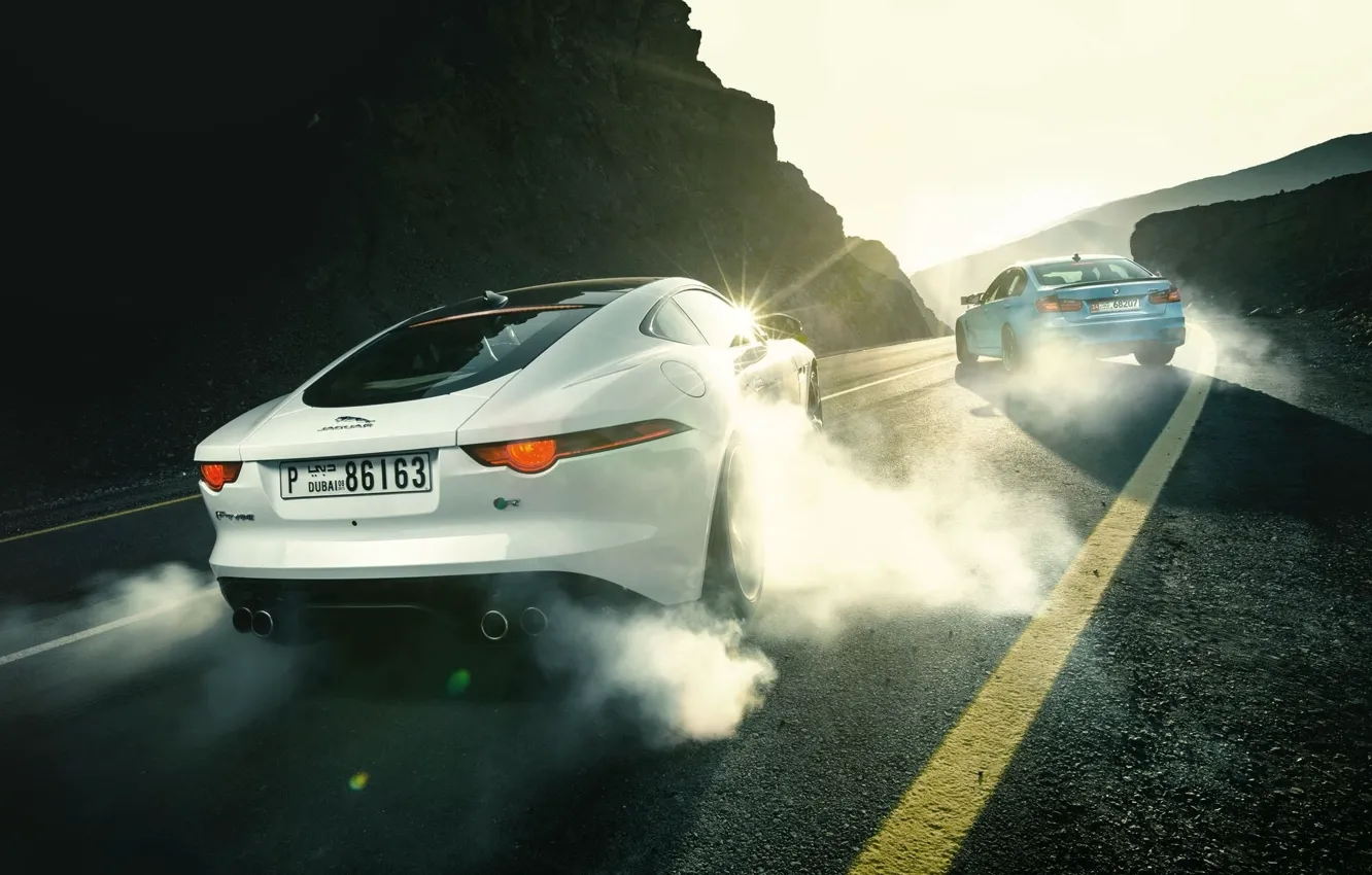 Фото обои Jaguar, BMW, Cars, Sports, Smoke, Rear, F-Type R, Drifting