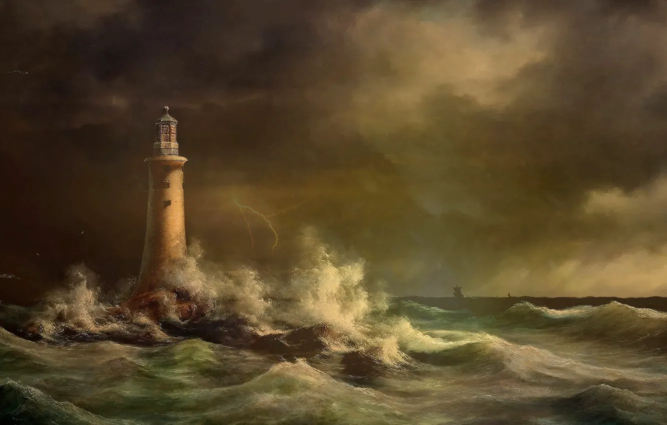 Фото обои Море, Рисунок, Маяк, Шторм, Арт, Art, Storm, Sea