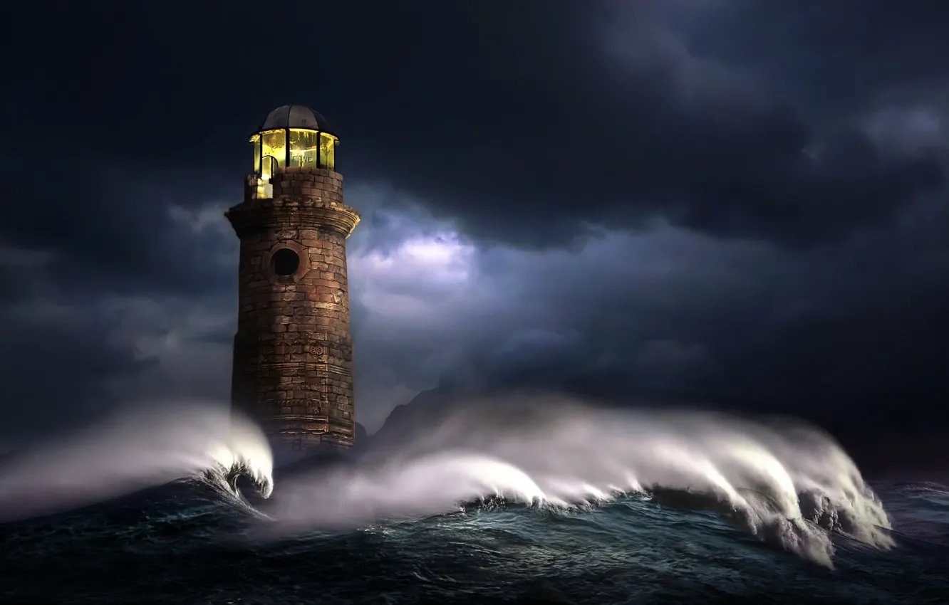 Фото обои море, волны, свет, ночь, тучи, шторм, графика, маяк