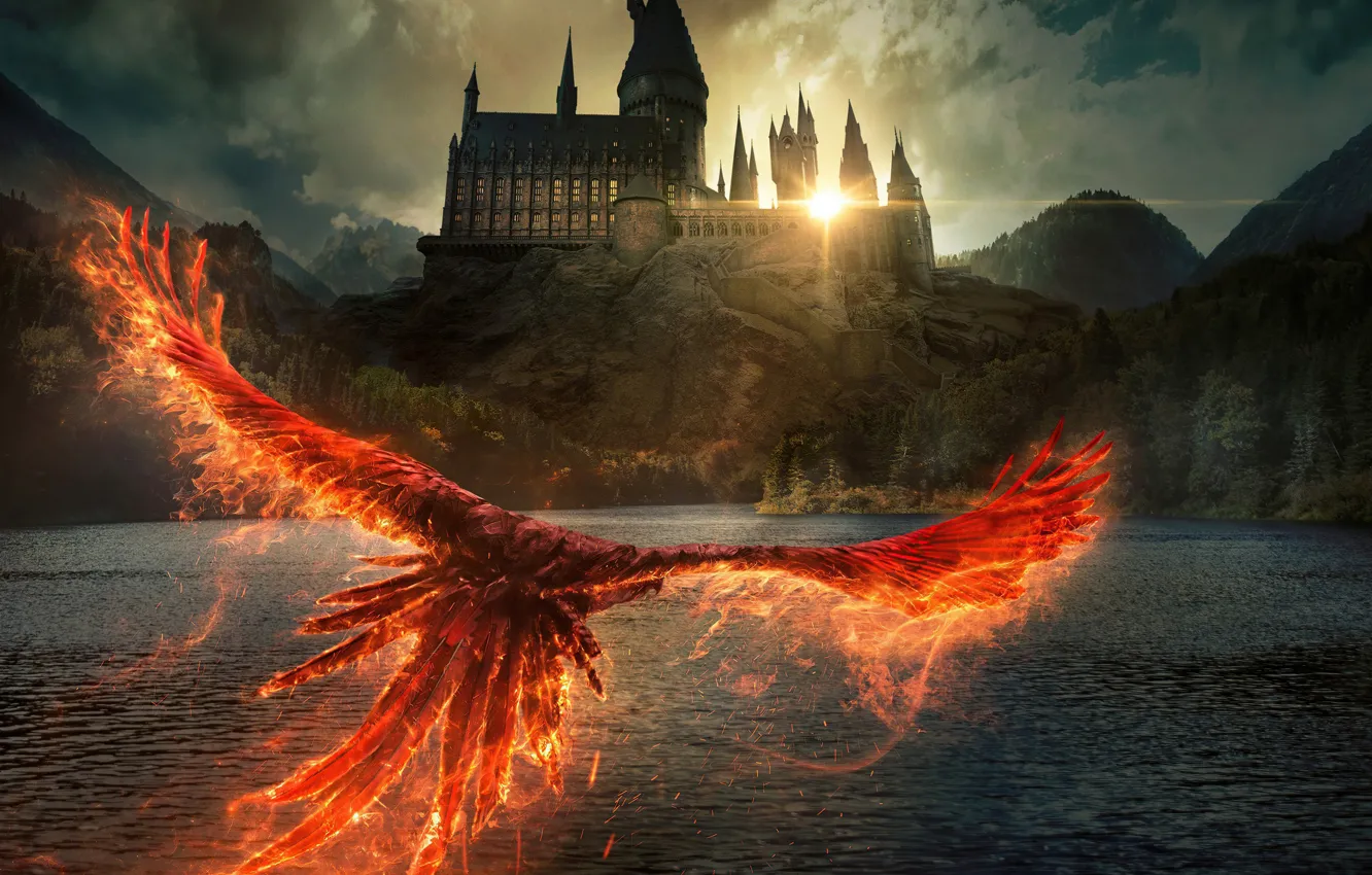 Фото обои река, замок, феникс, постер, Fantastic Beasts: The Secrets of Dumbledore, Фантастические твари: Тайны Дамблдора