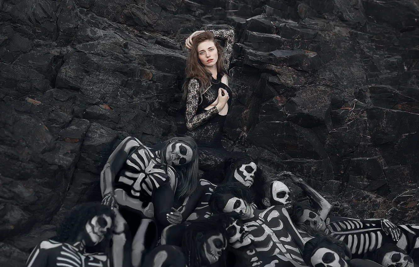 Фото обои девушка, фон, Skeleton Queen