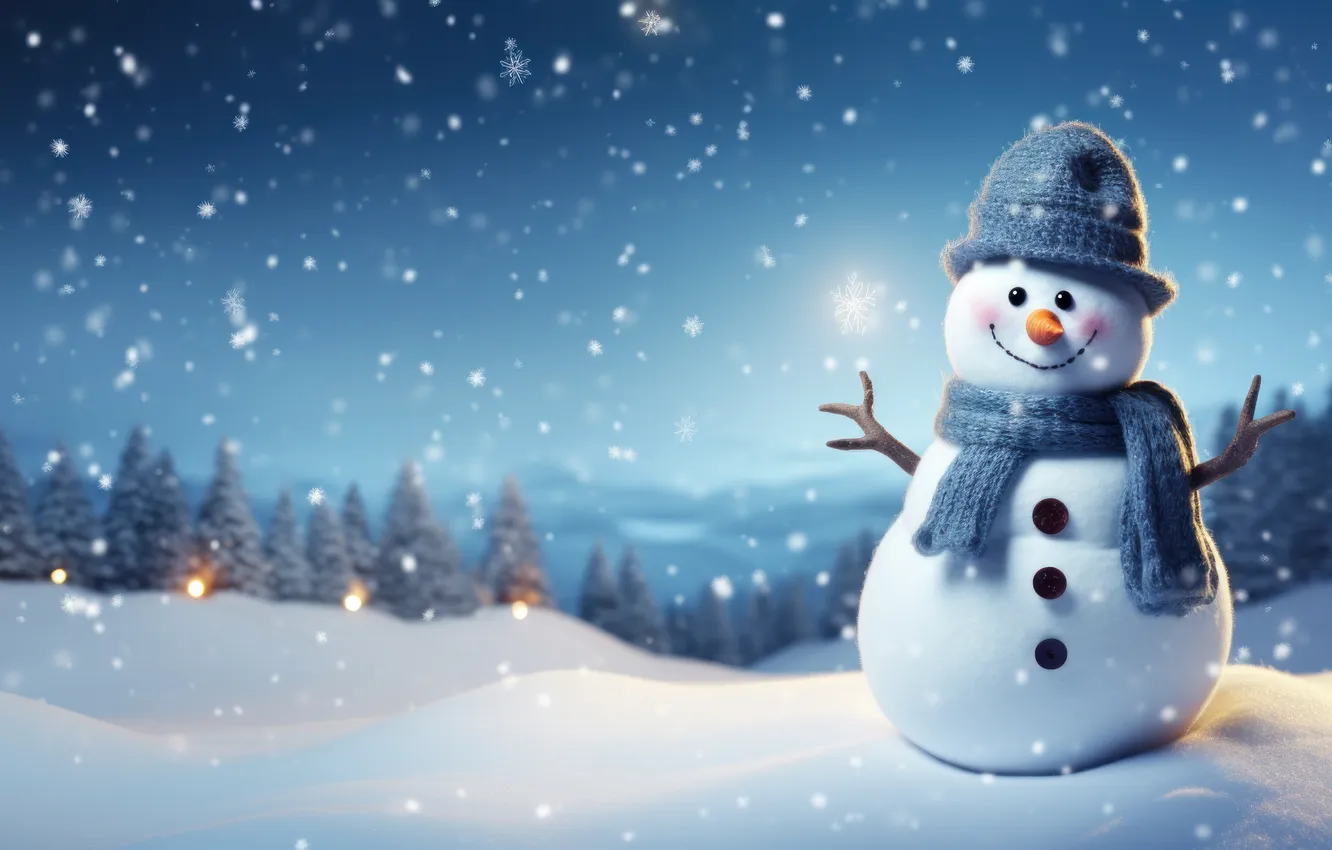 Фото обои зима, снег, Рождество, Новый год, снеговик, Christmas, winter, snow