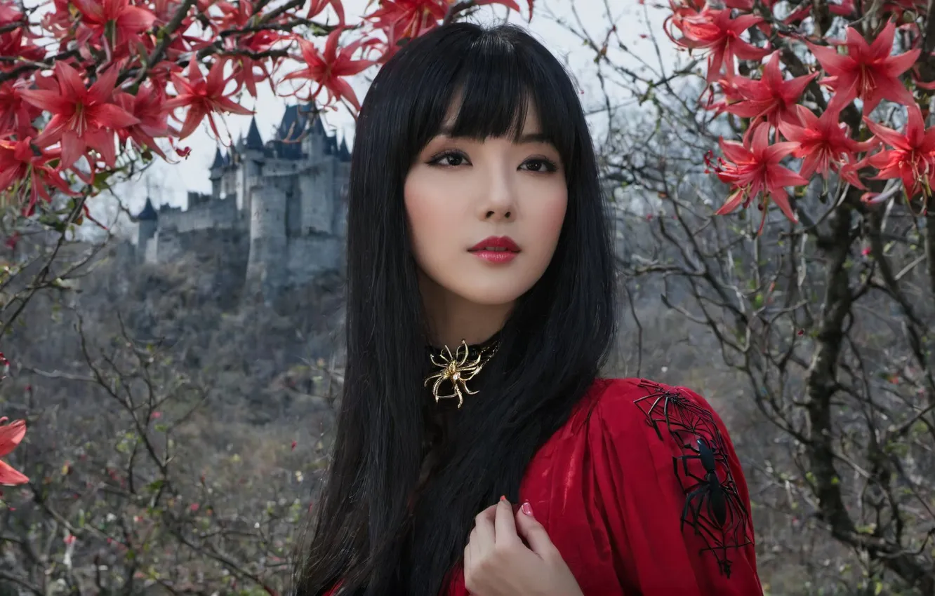 Фото обои девушка, цветы, замок, портрет, азиатка