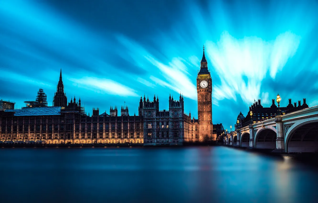 Фото обои City, Clouds, Water, Night, London, England, Big Ben, River