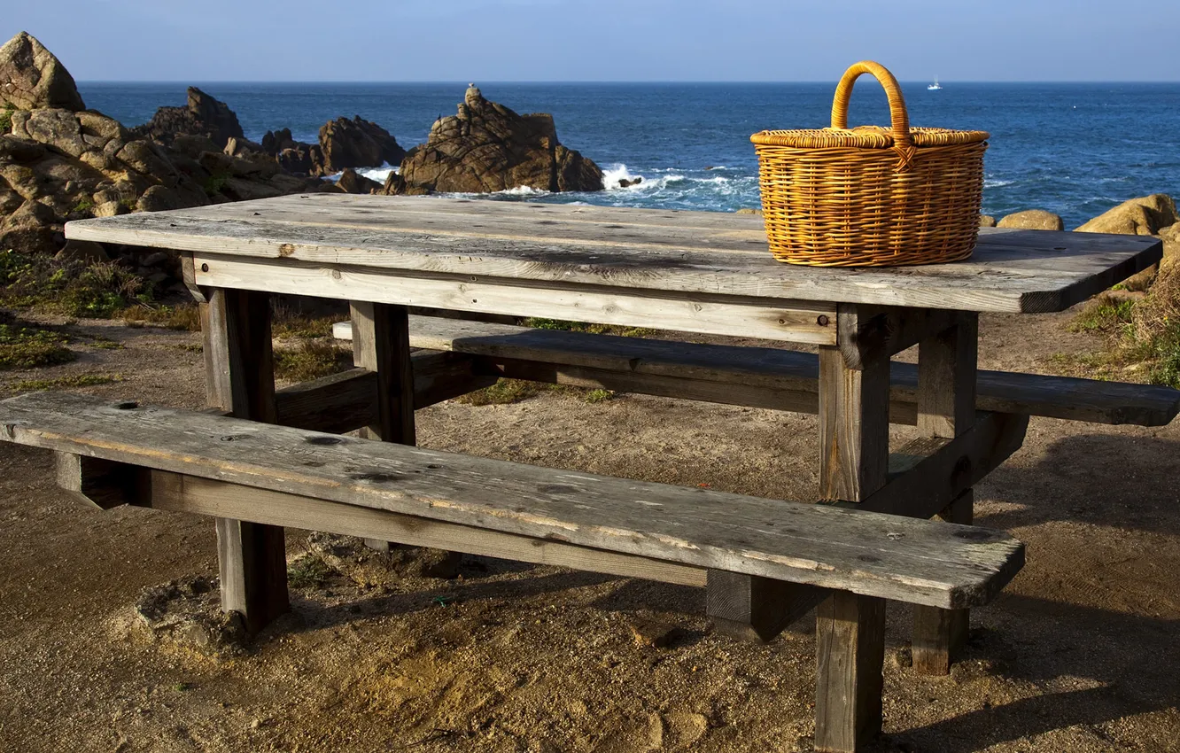 Фото обои море, пейзаж, природа, стол, корзина, вид, пикник