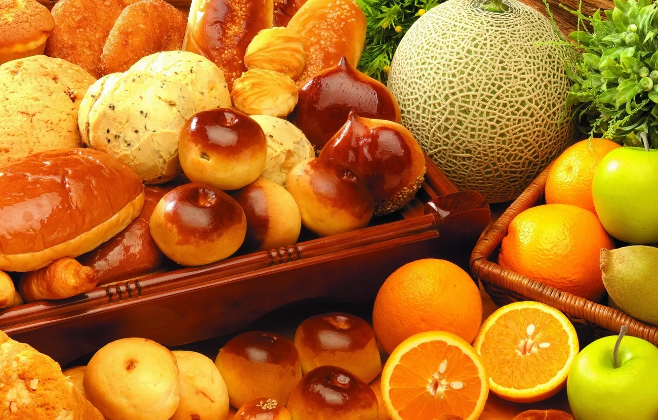 Фото обои яблоки, апельсины, сдоба, выпечка, булочки