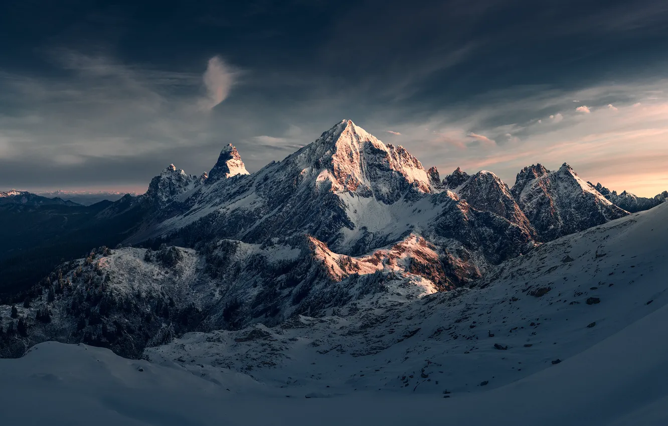 Фото обои зима, небо, снег, горы, природа, скалы, рассвет, США