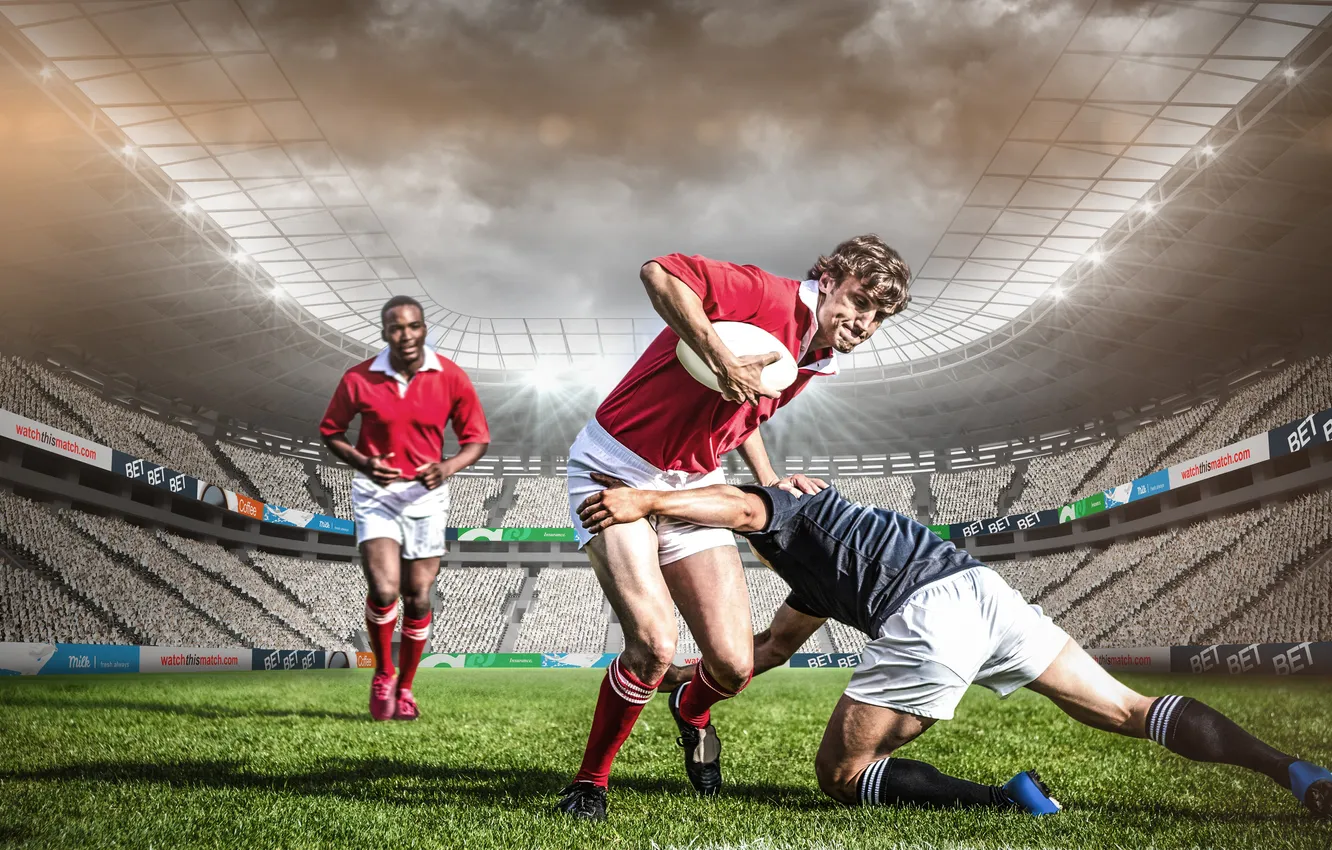 Фото обои sport, stadium, playing, spotlights, rugby, sportsman, rival, tackle