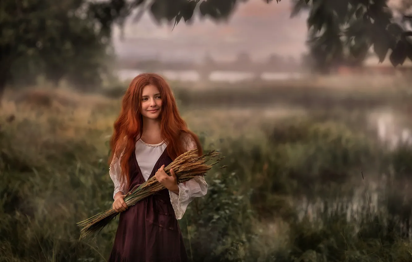 Фото обои лето, девушка, природа, туман, колосья, рыжая, травы, Пипкина Оксана