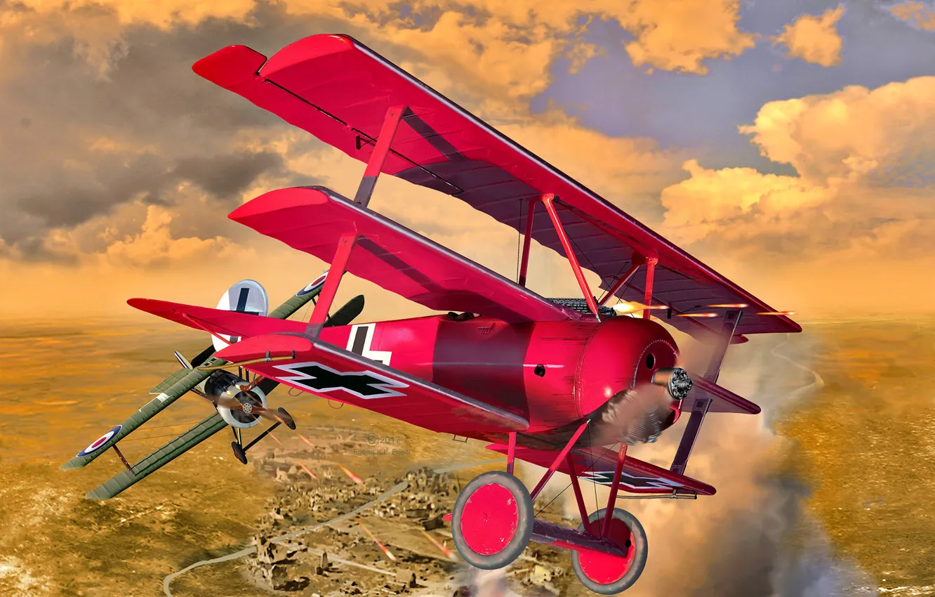 Фото обои Биплан, Воздушный бой, Sopwith Camel, Триплан, Первая Мировая война, Fokker DR.I, Ротативный двигатель