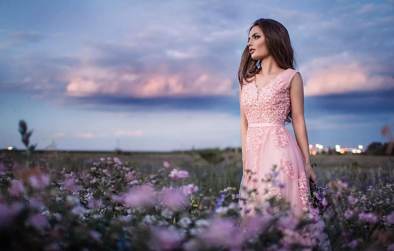 Фото обои поле, небо, девушка, цветы, поза, настроение, платье, красивая