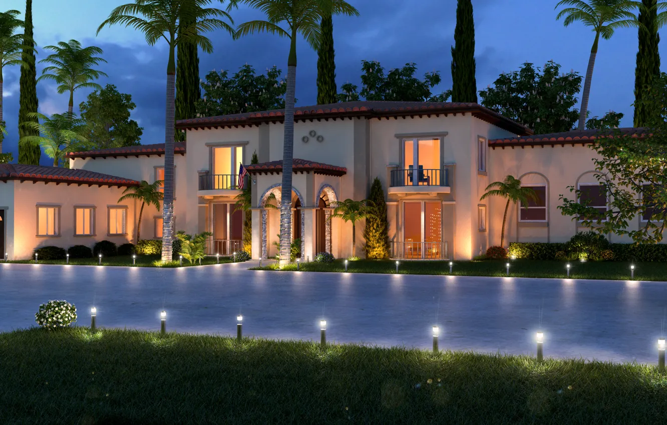 Фото обои дом, стиль, вилла, вечер, house, villa, экстерьер, пальмы.
