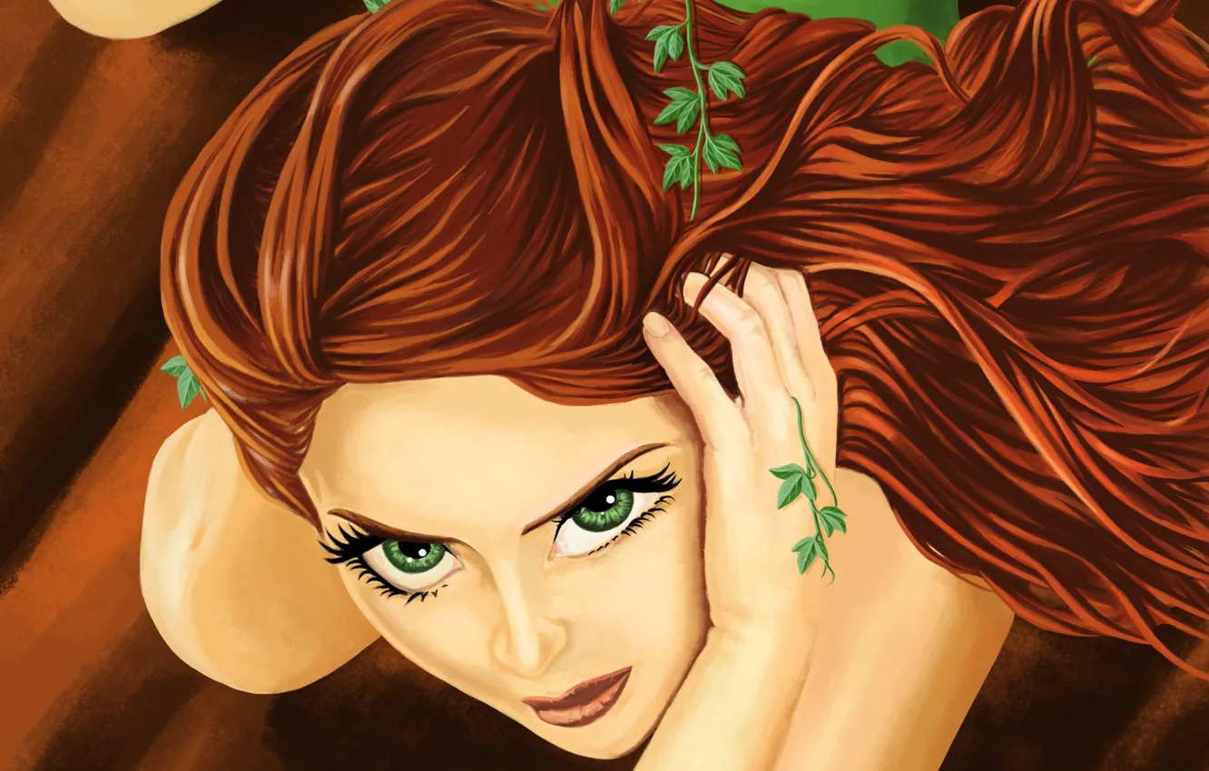 Фото обои взгляд, лицо, волосы, растения, руки, арт, зеленые глаза, DC Comics