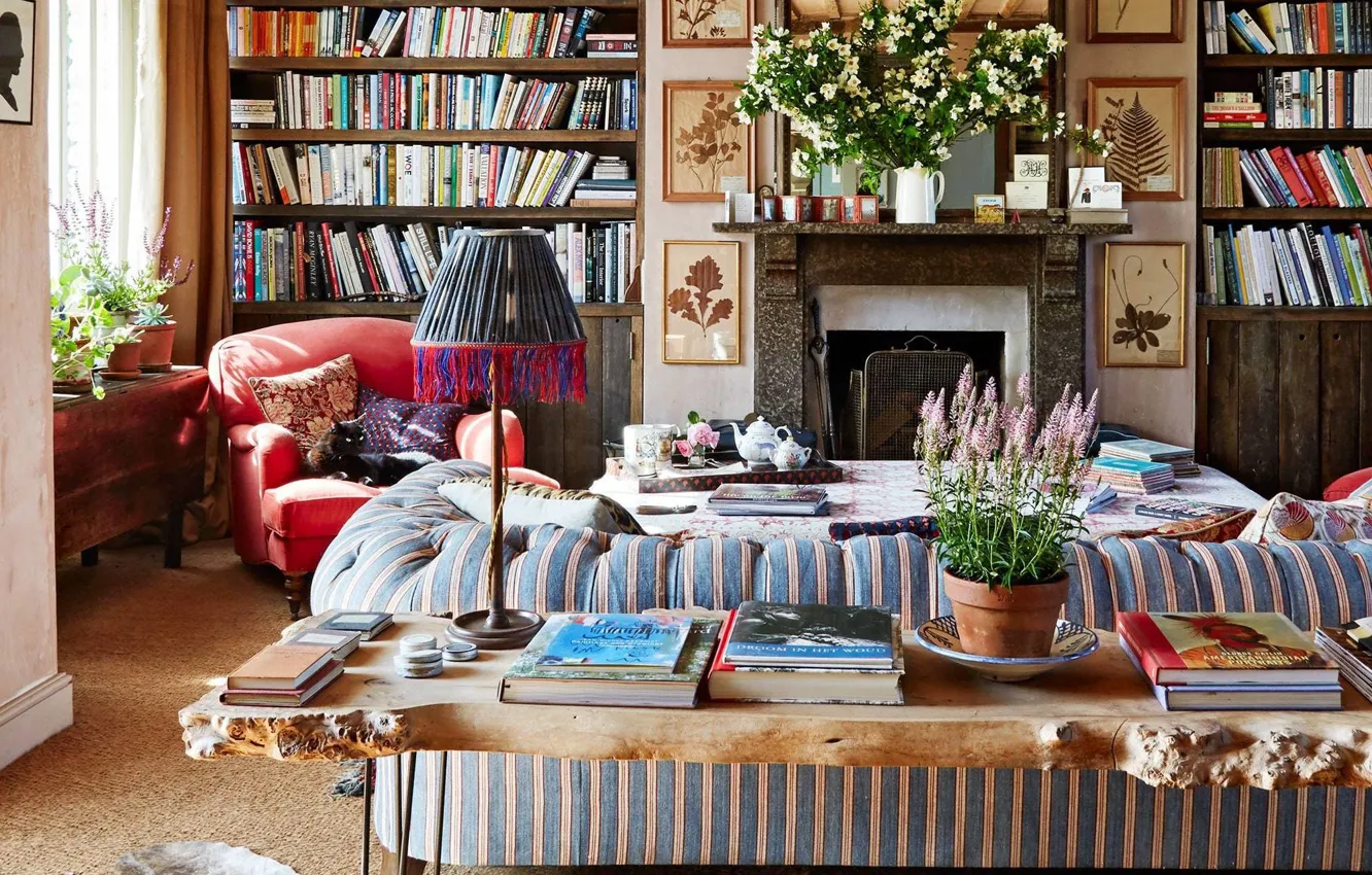 Фото обои дизайн, стиль, интерьер, камин, гостиная, бибилиотека, England-home, Amanda Brooks