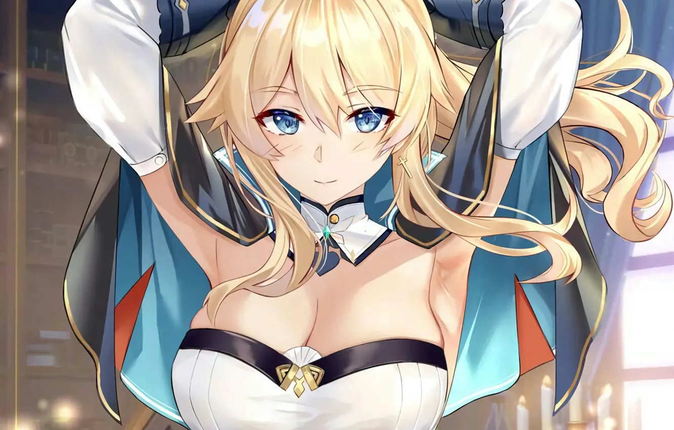 Фото обои girl, sexy, cleavage, blouse, long hair, boobs, anime, blue eyes